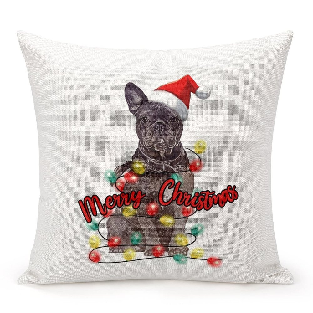 Dog Mom Western Christmas Santa Hat Dog Throw Pillow Cases Boston Terrier Dog Christmas Tree Lights Pillow Cover Case 24"x24" Linen Cushion Covers Decorative Pillowcase for Couch Sofa Bedroom Car