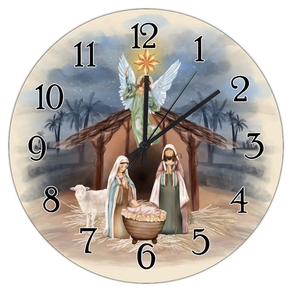 Jesus is The Reason Nativity Scene Clock for Wall Merry Christmas Christian Gift Wall Clocks Welcome Xmas Winter Wood Round Clock Battery Operated Silent Art Clocks for Living Room 10inch