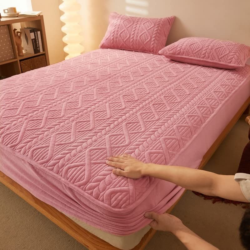 XHHBS Mattress Protectors Extra Deep Pocket Fitted Sheet Winter Milk Fleece Mattress Pad Cover Dustproof Mattress Cove(Color:Pink,Size:King)