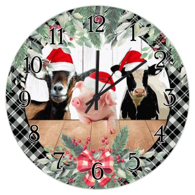 Clock for Wall Christmas Farm Animal Cow Pig Wall Clock Silent Non-Ticking Home Decorative Clocks Grey Black Plaid Check Xmas Wreath Round Wall Clocks Christmas Holiday Clocks 10inch