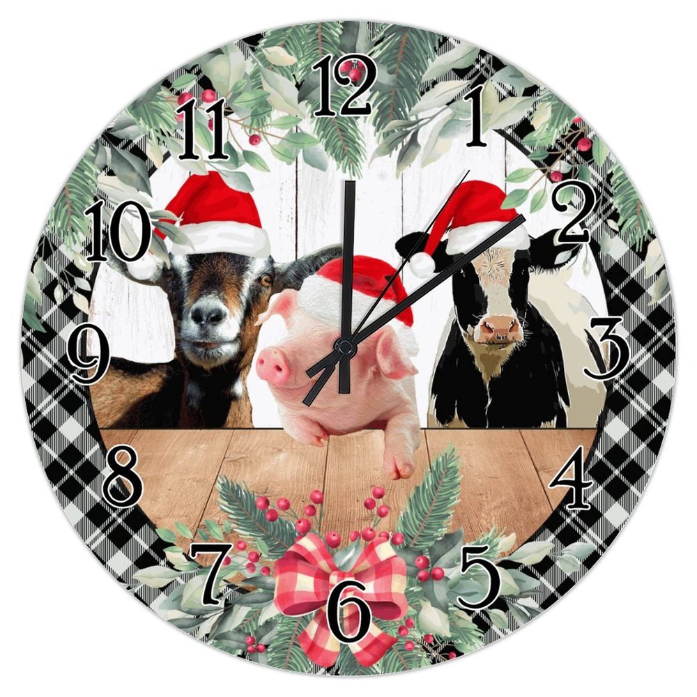 Clock for Wall Christmas Farm Animal Cow Pig Wall Clock Silent Non-Ticking Home Decorative Clocks Grey Black Plaid Check Xmas Wreath Round Wall Clocks Christmas Holiday Clocks 10inch