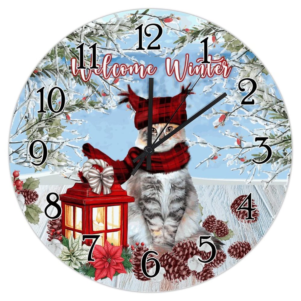 Christmas Cat Welcome Winter Clock for Wall Welcome Xmas Winter Clock Winter Flower Snow Scene Xmas Wreath Hanging Wall Clocks Battery Operated Silent Wall Clocks for Living Room 10inch