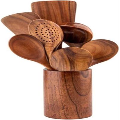 8Pcs Teak Tableware Spoon Colander Long Handle Spoon Wooden Non-Stick Special Spatula Kitchen Tool Set Gift With Holder for Soup