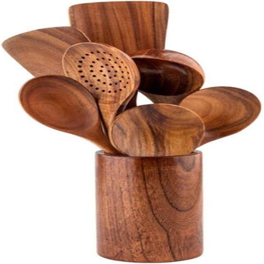 8Pcs Teak Tableware Spoon Colander Long Handle Spoon Wooden Non-Stick Special Spatula Kitchen Tool Set Gift With Holder for Soup