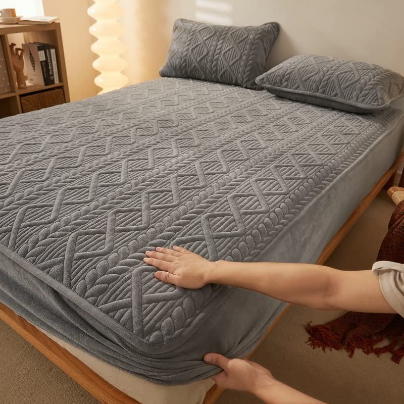 XHHBS Mattress Protectors Extra Deep Pocket Fitted Sheet Winter Milk Fleece Mattress Pad Cover Dustproof Mattress Cove(Color:Gray,Size:King)