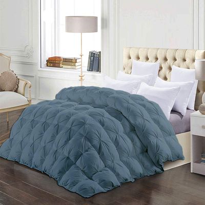 1 Piece All-Season Full Comforter Luxury Hotel Quality Pintuck Style 100% Organic Cotton Pinch Pleat Steel Blue Comforter Full (90'' x 90'') with 4 Corner Tabs