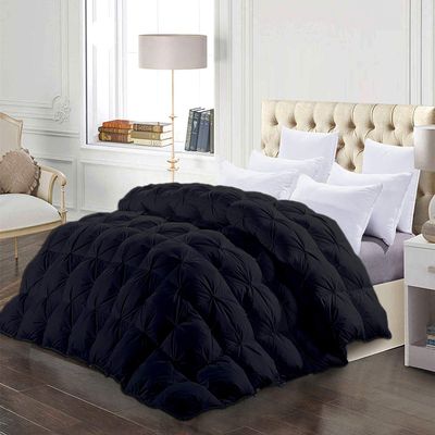 1 Piece All-Season Full Comforter Luxury Hotel Quality Pintuck Style 100% Organic Cotton Pinch Pleat Black Comforter Full (90'' x 90'') with 4 Corner Tabs