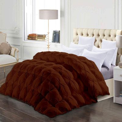 1 Piece All-Season Eastern King Comforter Luxury Hotel Quality Pintuck Style 100% Organic Cotton Pinch Pleat Brown Comforter Eastern King 116'' x 108'' with 4 Corner Tabs