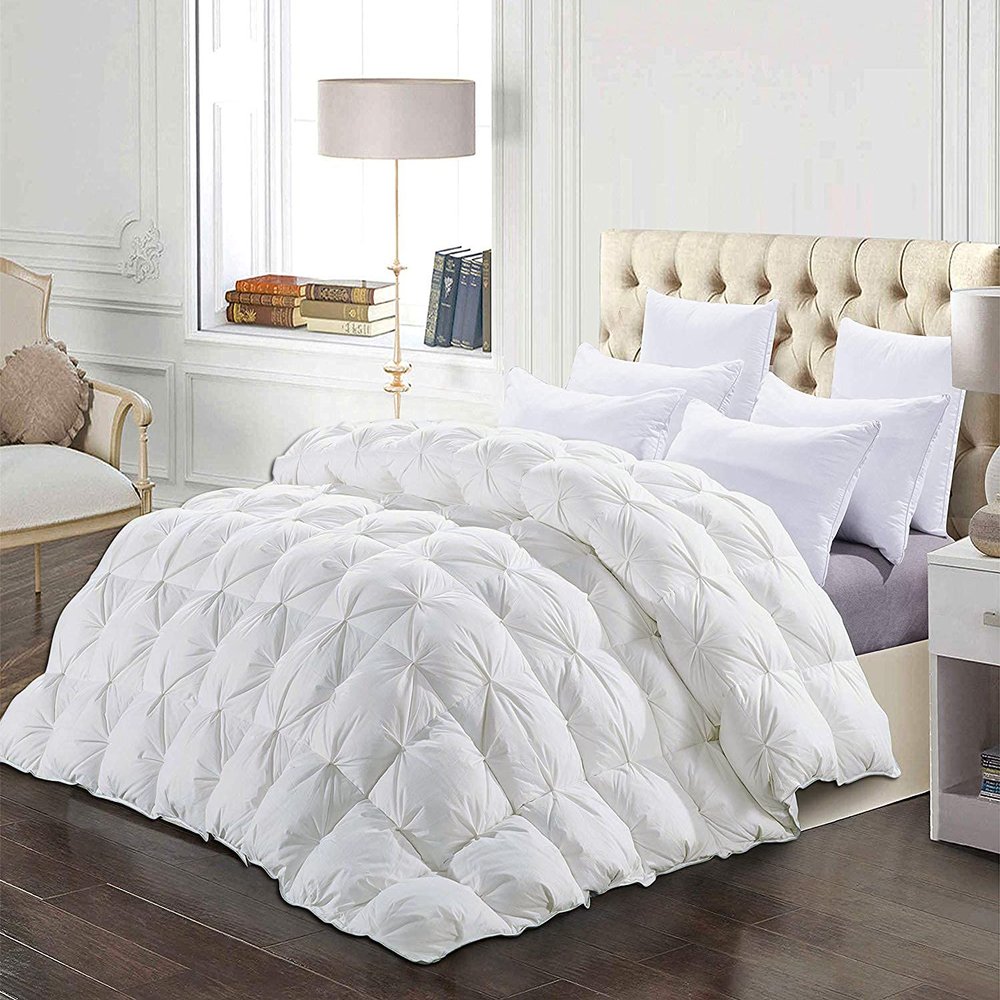 1 Piece All-Season Queen Comforter Luxury Hotel Quality Pintuck Style 100% Organic Cotton Pinch Pleat White Comforter Queen (88'' x 92'') with 4 Corner Tabs