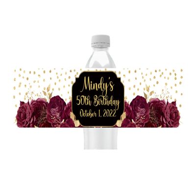 Cathy Wraps Floral Personalized Water Bottle Labels, Birthday Party Favors, Pack of 25, Waterproof, Peel and Stick Wrappers (Burgundy)