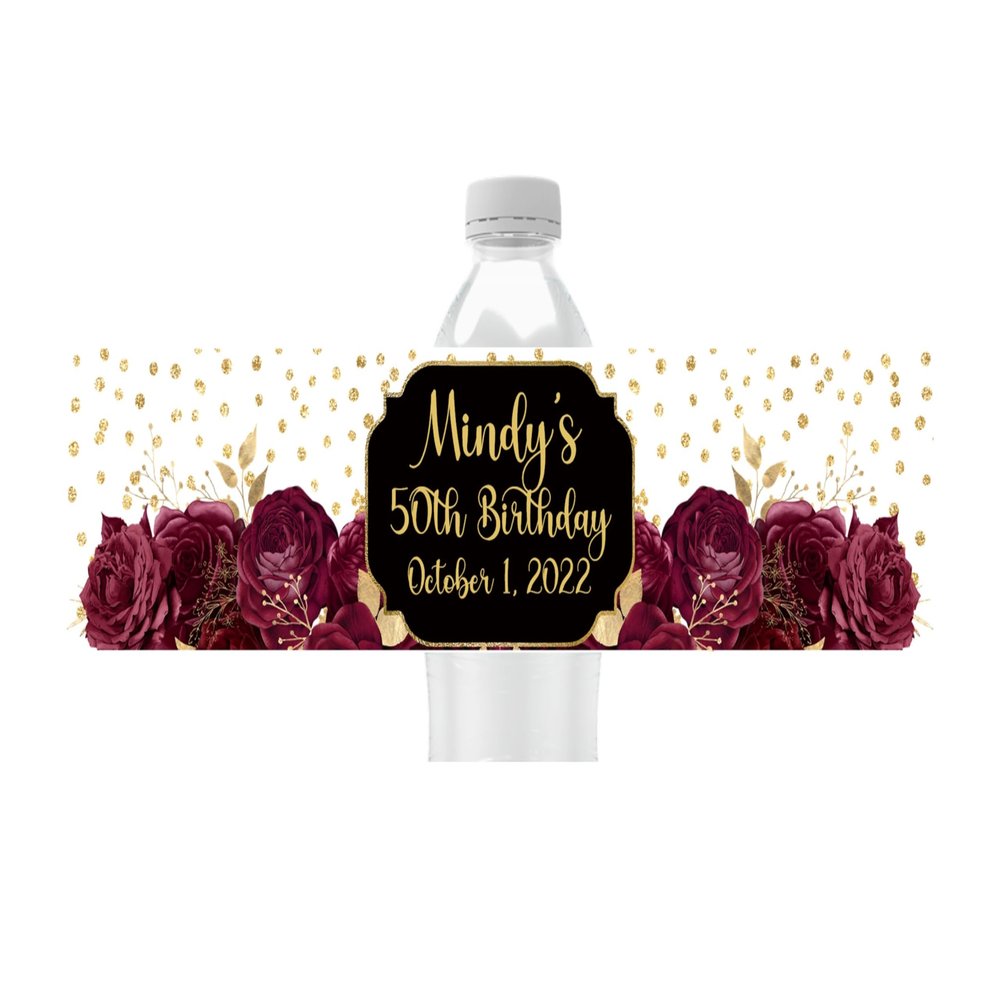 Cathy Wraps Floral Personalized Water Bottle Labels, Birthday Party Favors, Pack of 25, Waterproof, Peel and Stick Wrappers (Burgundy)