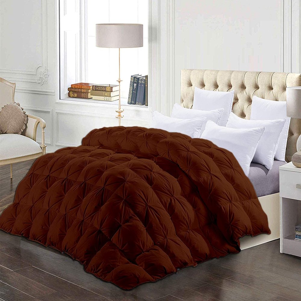 1 Piece All-Season Queen Comforter Luxury Hotel Quality Pintuck Style 100% Organic Cotton Pinch Pleat Brown Comforter Queen (88'' x 92'') with 4 Corner Tabs