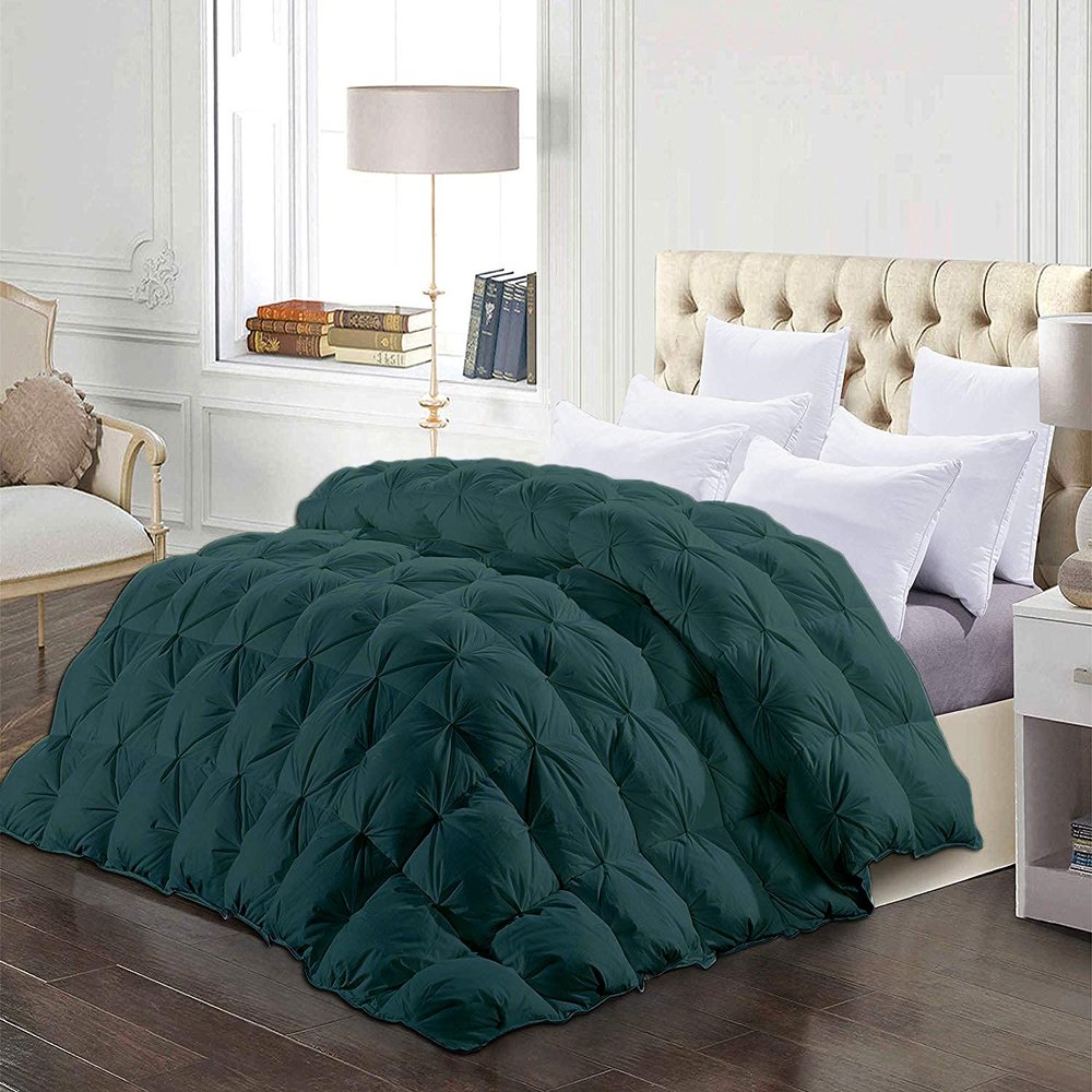 1 Piece All-Season Full Comforter Luxury Hotel Quality Pintuck Style 100% Organic Cotton Pinch Pleat Teal Comforter Full (90'' x 90'') with 4 Corner Tabs