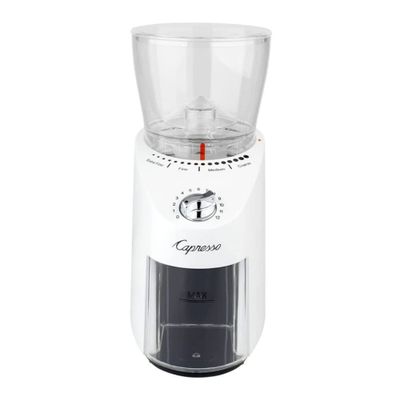 Capresso Infinity Plus Solid Steel Conical Burr Large Elegant Grinder with Gear Reduction Motor, Safety Lock System and Removable Upper Conical Burr (Shiny White)