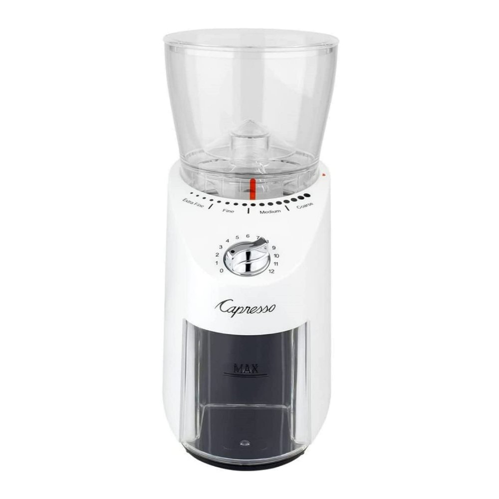 Capresso Infinity Plus Solid Steel Conical Burr Large Elegant Grinder with Gear Reduction Motor, Safety Lock System and Removable Upper Conical Burr (Shiny White)
