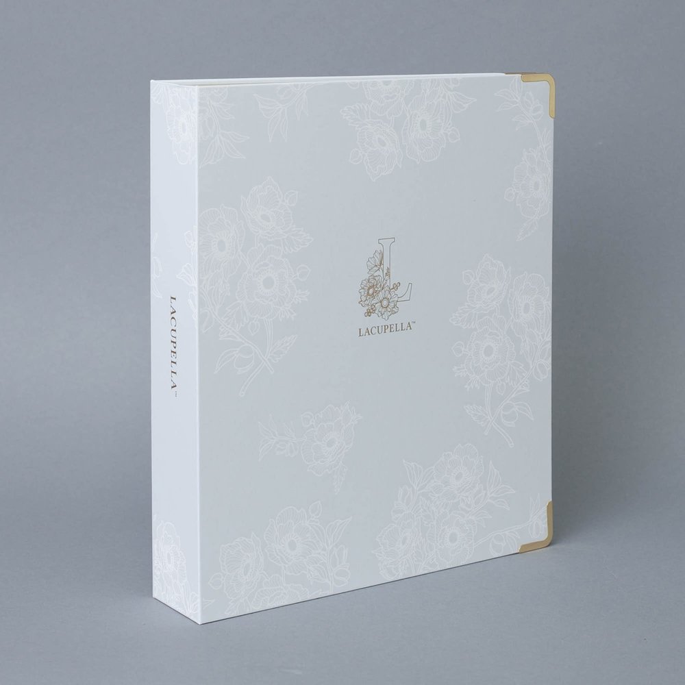 Lacupella 3 Ring Binder Gold D Rings 1.5 Inch for Stencil Recipe Project Paper Organizer, Large Size 12 inch x 10.5 inch White with UV Floral Pattern, Spill Proof, and Easy to Clean