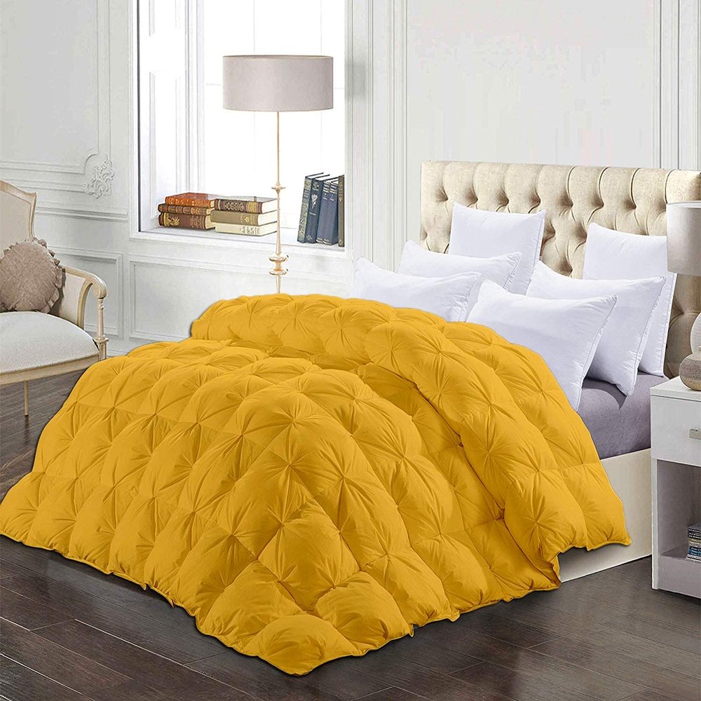 1 Piece All-Season Queen Comforter Luxury Hotel Quality Pintuck Style 100% Organic Cotton Pinch Pleat Gold Comforter Queen (88'' x 92'') with 4 Corner Tabs