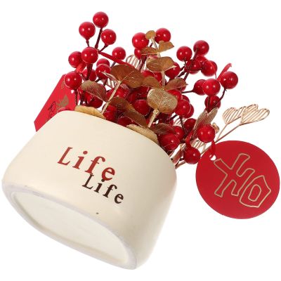 DECHOUS Year Bonsai Artificial Red Berry Potted Plant Spring Festival Decor for Use Vivid Simulation Easy Care for Room and Dining Table Display