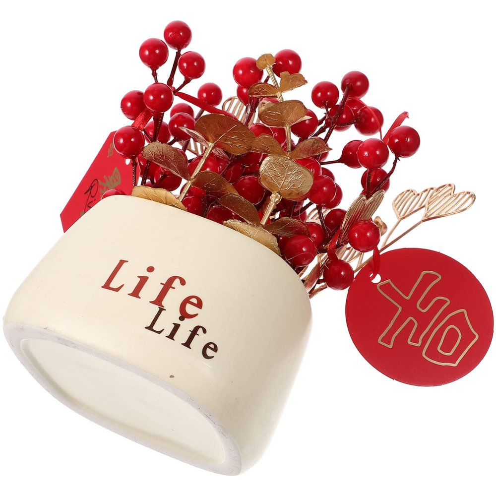 DECHOUS Year Bonsai Artificial Red Berry Potted Plant Spring Festival Decor for Use Vivid Simulation Easy Care for Room and Dining Table Display