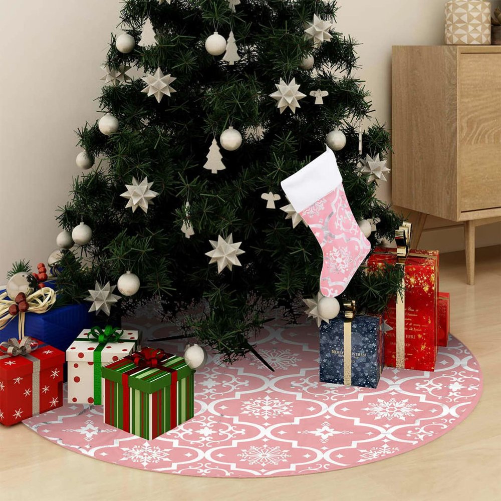 Gecheer Christmas Tree Skirt, Large Pink Foldable Polyester Snow Pattern for Indoor Living Room Decor