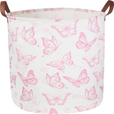 CLOCOR Pink Laundry Basket,Waterproof Nursery Hamper for Baby Girl ,Collapsible Storage Baskets for Girls Bedroom,Kids Toys Storage Bin,Room Decor,Gift BasketPink Butterfly