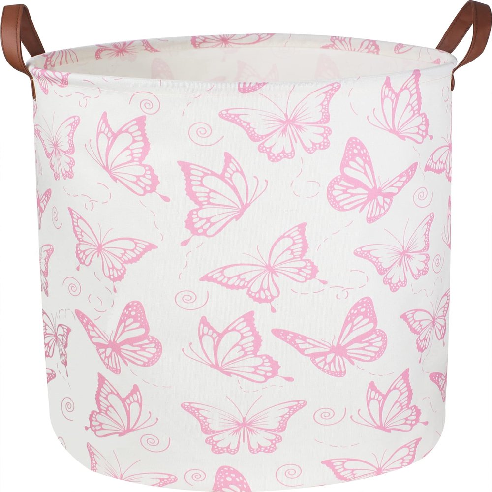 CLOCOR Pink Laundry Basket,Waterproof Nursery Hamper for Baby Girl ,Collapsible Storage Baskets for Girls Bedroom,Kids Toys Storage Bin,Room Decor,Gift BasketPink Butterfly
