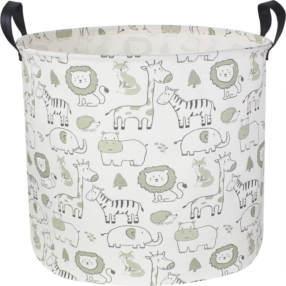 CLOCOR Baby Laundry Basket,Collapsible Kids Toys Storage Baskets,Nursery Hamper for Boys and Girls,Jungle Bedroom Decor,Gift BasketGreen Animals