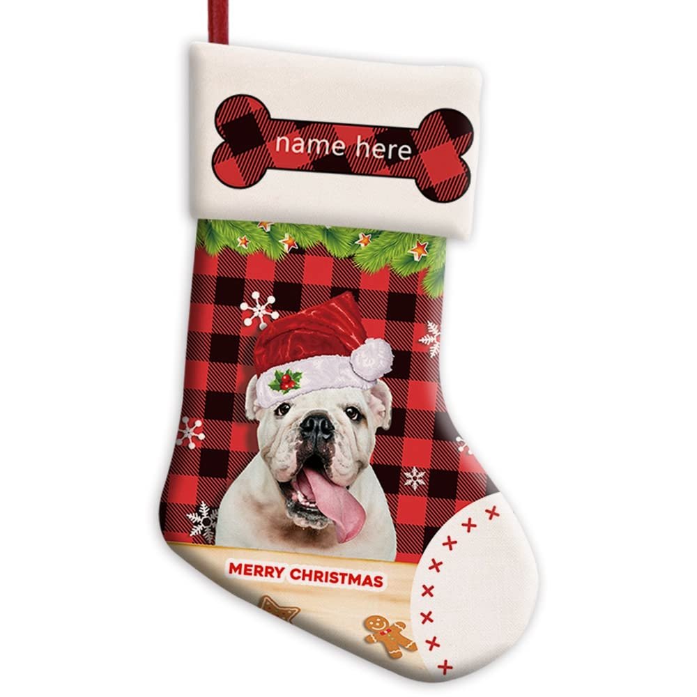 MALIHONG Personalized 1 Pack Merry Christmas Stocking Adorable White Bulldog Dog with Santa Hat Red Buffalo Plaid Check Snowflake Christmas Stocking Gift Bag Holiday Festival Decor Stocking 14.4"