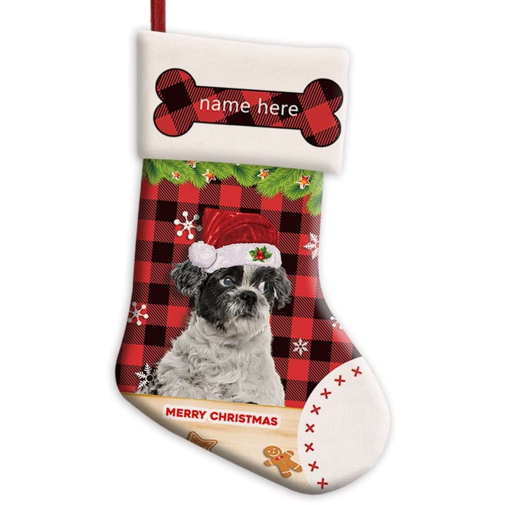 MALIHONG Personalized 1 Pack Merry Christmas Stocking Lovely Shih Tzu Dog with Santa Hat Red Buffalo Plaid Check Snowflake Christmas Stocking Gift Bag Xmas Holiday Festival Decor Stocking 14.4"