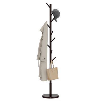 Bamdibola Wooden Freestanding Coat Tree with 4 Height Options and 9 Hooks, Sturdy Coat Rack Stand for Clothes/Bags/Hats, Save Space Coat Rack for Entryway, Bedroom, Office, Narrow Place (Coffee)