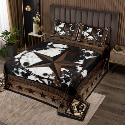 Abstract Cow Fur Print Kids Bedspread Queen Size,Boys Girls Adults Xmas Decor,Western Stars Wooden Board Coverlet Set,Rustic Farmhouse Quilted Coverlet,Brown Retro Bedding Quilt,2 Pillowcases