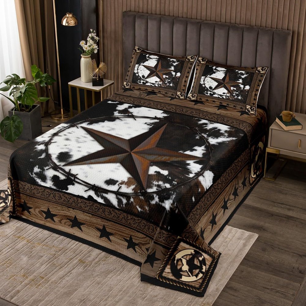 Abstract Cow Fur Print Kids Bedspread Queen Size,Boys Girls Adults Xmas Decor,Western Stars Wooden Board Coverlet Set,Rustic Farmhouse Quilted Coverlet,Brown Retro Bedding Quilt,2 Pillowcases