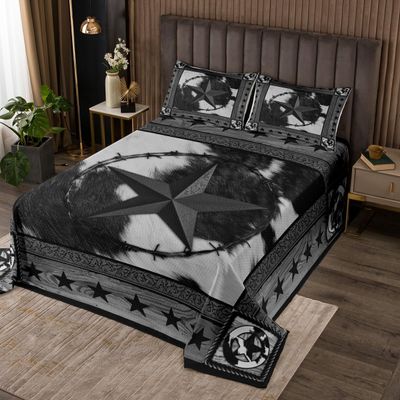 Homewish Cow Fur Abstract Kids Bedspread Queen Size,Boys Girls Adults Xmas Decor,Western Stars Wooden Plank Coverlet Set,Rustic Farmhouse Quilted Coverlet,Black Grey Retro Bedding Quilt,2 Pillowcases