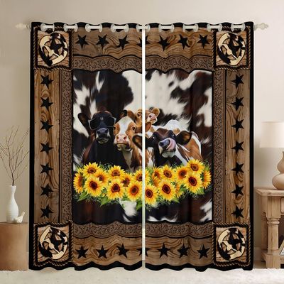 Abstract Cow Fur Print Kids Window Curtains for Boys Girls Adults Xmas,Western Stars Wooden Board Window Drapes,Sunflowers Rustic Brown Retro Window Treatments Grommet Top 2 Panel Set,52Wx63L inch