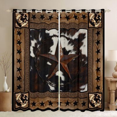 Abstract Cow Fur Print Kids Window Curtains for Boys Girls Adults Xmas,Western Stars Wooden Board Window Drapes,Rustic Farmhouse Brown Retro Window Treatments Grommet Top 2 Panel Set,42Wx90L inch
