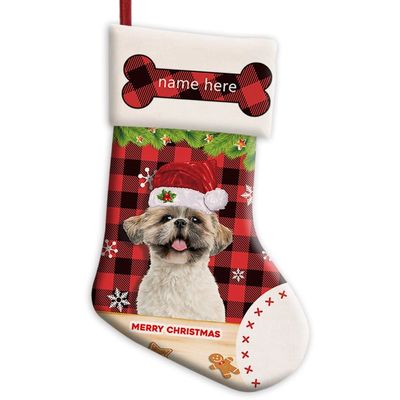 MALIHONG Personalized 1 Pack Merry Christmas Stocking Shih Tzu Dog with Santa Hat Red Buffalo Plaid Check Snowflake Christmas Stocking Gift Bag Xmas Holiday Festival Decor Stocking 14.4"
