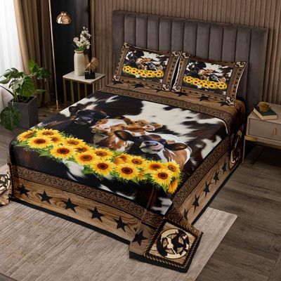 Abstract Cow Fur Print Kids Bedspread King Size,Boys Girls Adults Xmas Decor,Western Stars Wooden Board Coverlet Set,Sunflowers Rustic Quilted Coverlet,Brown Retro Bedding Quilt,2 Pillowcases