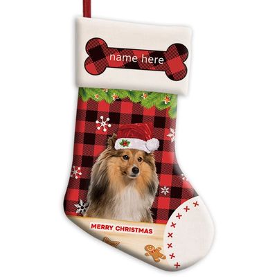 MALIHONG Personalized 1 Pack Merry Christmas Stocking Cute Shetland Sheepdog with Santa Hat Red Buffalo Plaid Check Snowflake Christmas Stocking Gift Bag Xmas Holiday Festival Decor Stocking 14.4"