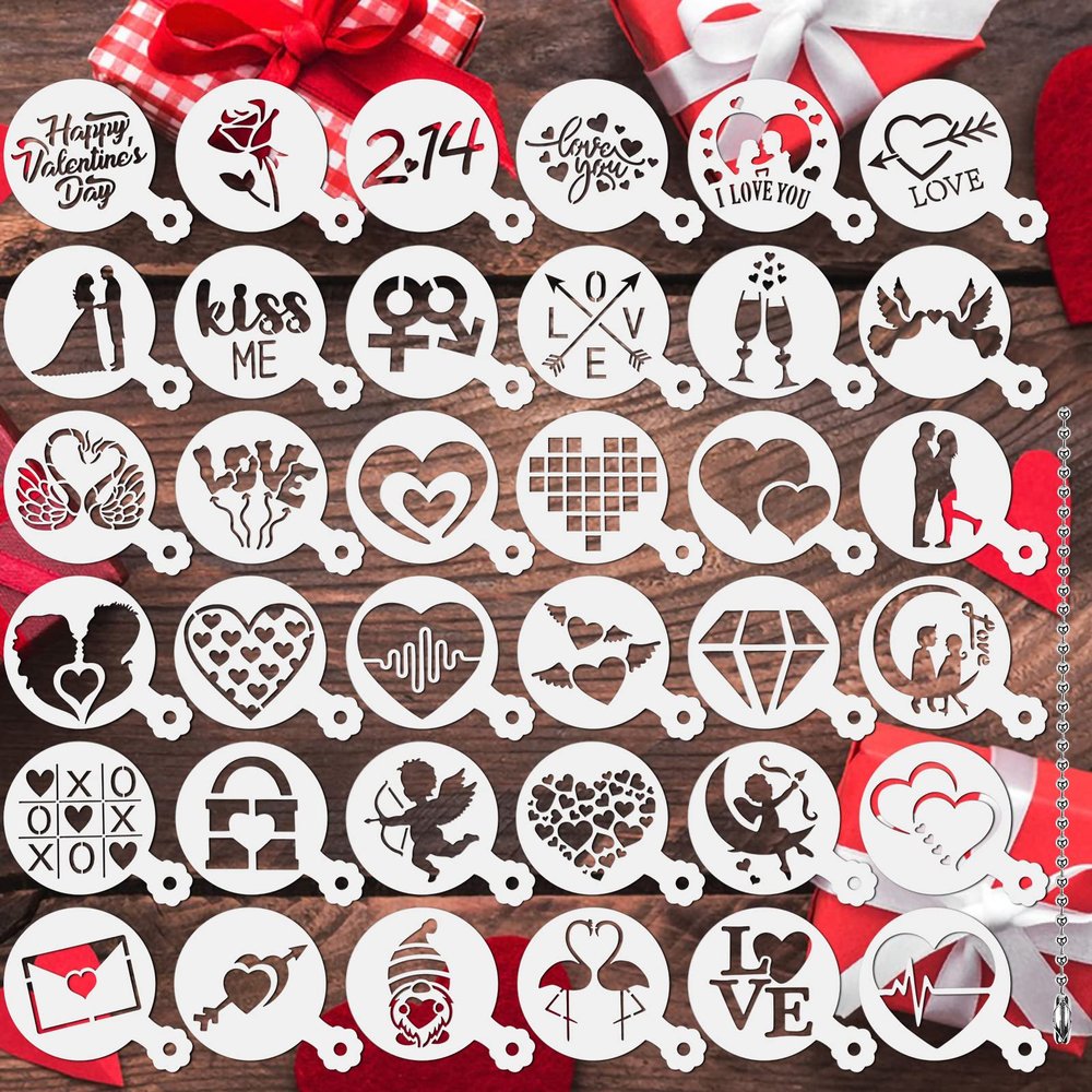 JULBEAR 36 Pcs Valentine's Day Cookie Stencils Templates for Baking Coffee