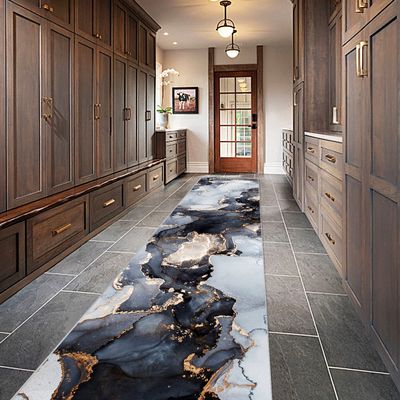 2' x 10' Washable Hallway Runner Rug, Long Ultra Soft Kitchen Runner Rug, Non-Slip Low-Pile, Luxury Marble Texture Design (Blue/Gold)
