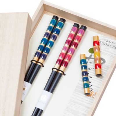 AOBA Handcrafted Japanese Wooden Chopsticks and Chopstick Rest Set of 2 Pairs in Gift Box: Blue and Pink (Kanade) [Dishwasher-safe/ Made in Japan]