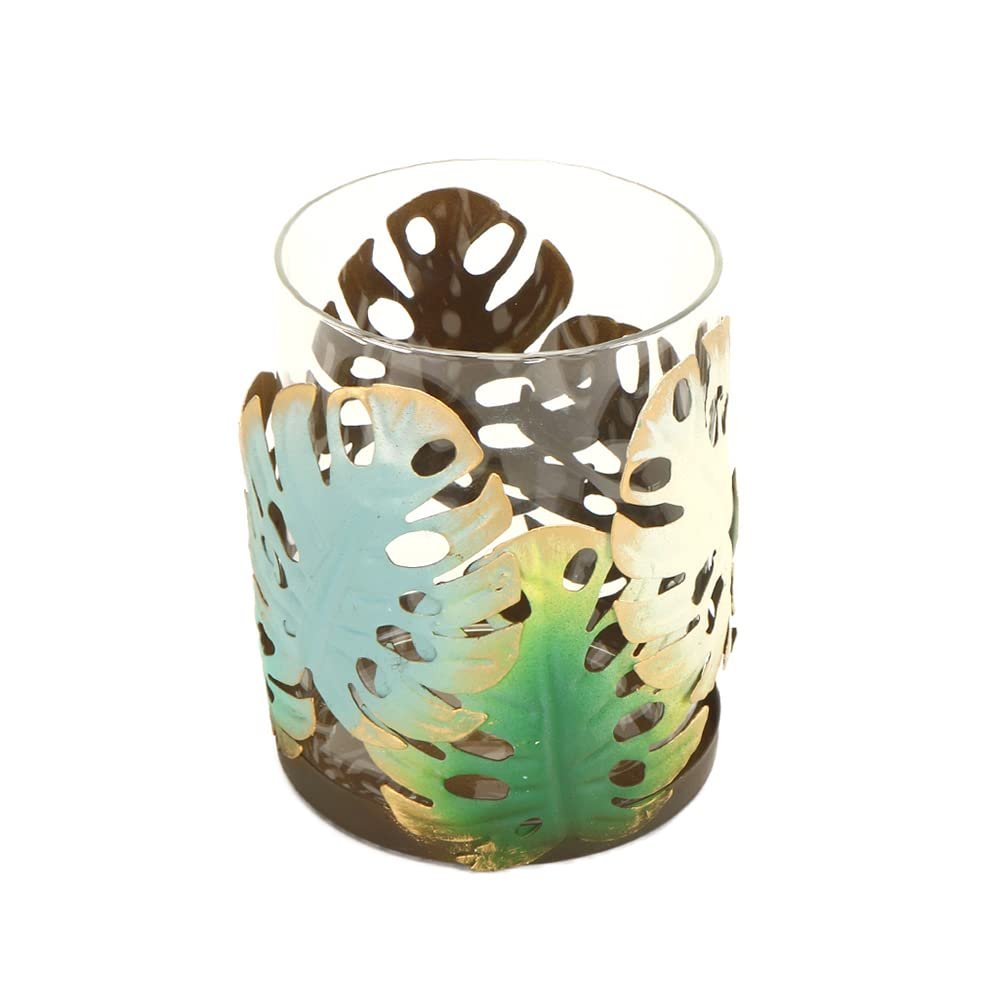 BOOMLATU Decorative Hurricane Candle Holder,Leaf Shape Tea Lights Candle Stand with Removable Glass Cup (Small)