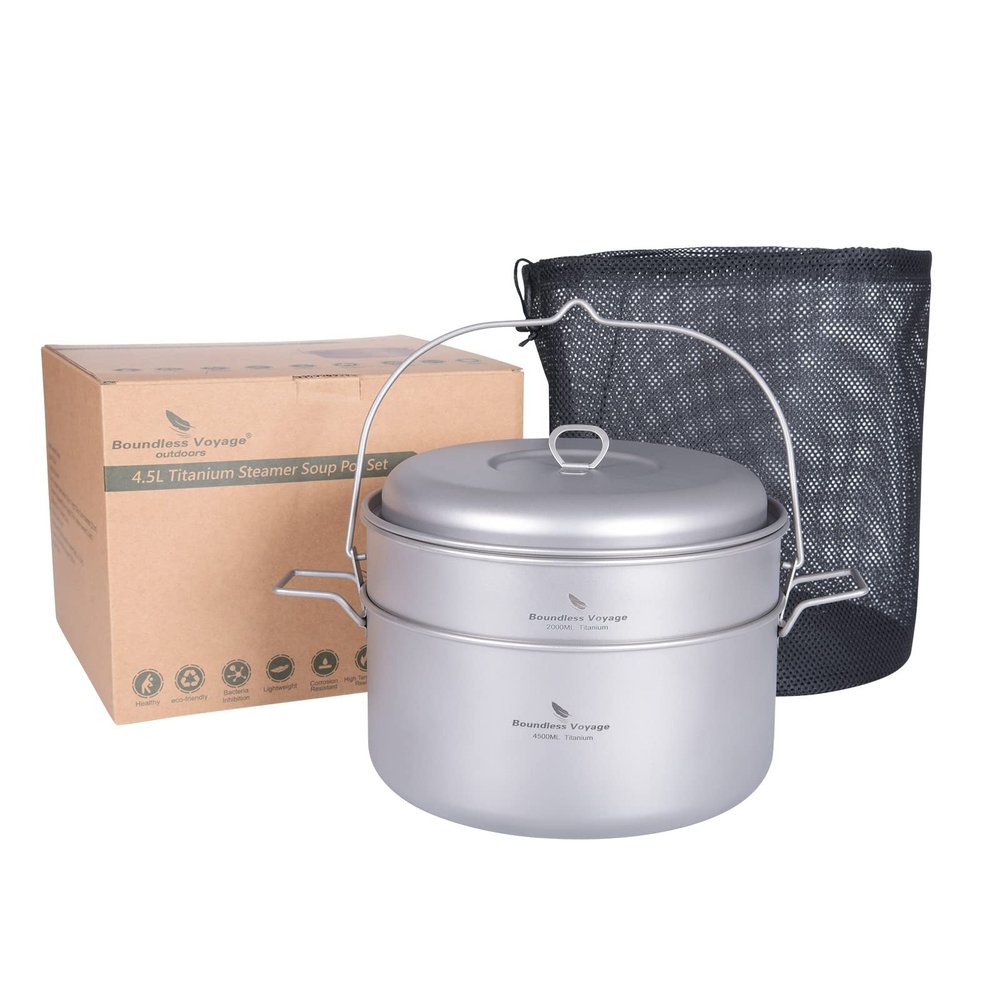 Boundless Voyage Titanium 4.5L Hanging Pot with Steaming Rack Folding Handle Outdoor Camping Cooking Stockpot Steamer Set (Pot + Steamer Set)