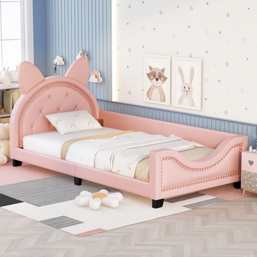 Bellemave Upholstered Daybed Frame for Kids, PU Leather Twin Platform Bed with Carton Ears Shaped Headboard, Wood Twin Sofa Bed for Girls Boys, No Box Spring Needed, Pink