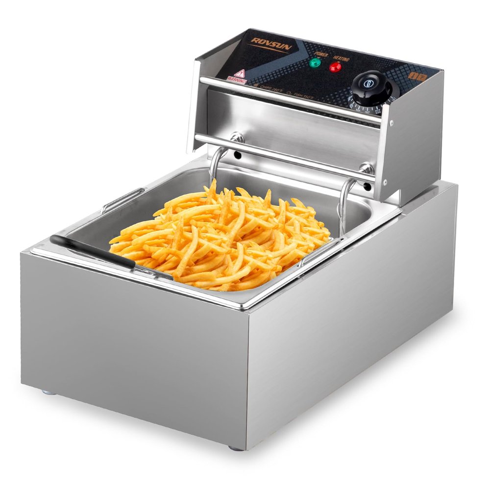 ROVSUN 11.4QT Electric Commercial Deep Fryer with Basket & Lid, Countertop Kitchen Frying Machine, Temperature Adjustable Stainless Steel French Fryer for French Fries Donuts Onion Rings 2500W