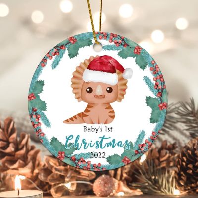 Bomehhjuli Christmas Porcelain Ornament Baby's 1st Christmas Ceramic Ornament Dinosaur Floral Wreath 3.2 Inch with Gold String Xmas Holiday Christmas Tree Birthday Gifts for Friend Housewarming Gift
