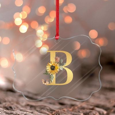2022 Initial Letter B Monogram Gold Glitter Acrylic Xmas Ornament Flowers Bouquet Wildflowers Ornament Souvenir Greenery Shrubs Plants Keepsake Tree Decoration Stocking Name Tag Transparent