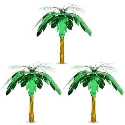 Beistle Palm Tree Cascade Centerpieces  3 Pack, Metallic Tropical Table Decorations with Green Leaf Fringe and Gold Trunk on Clear Plastic Base for Luau, Summer, and Jungle-Themed Celebrations, 18