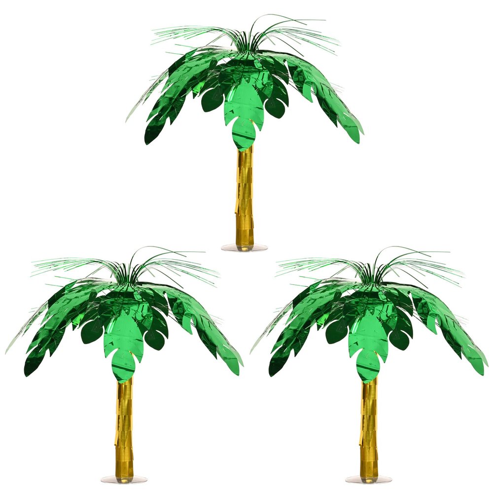 Beistle Palm Tree Cascade Centerpieces 3 Pack, Metallic Tropical Table Decorations with Green Leaf Fringe and Gold Trunk on Clear Plastic Base for Luau, Summer, and Jungle-Themed Celebrations, 18