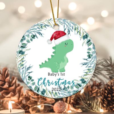 Bomehhjuli Baby's 1st Christmas Christmas Porcelain Ornament Dinosaur Floral Wreath Christmas Tree Ornament Happy Holidays 3.2 Inch Two Side Printed New Homeowner Gift Ideas Ceramic